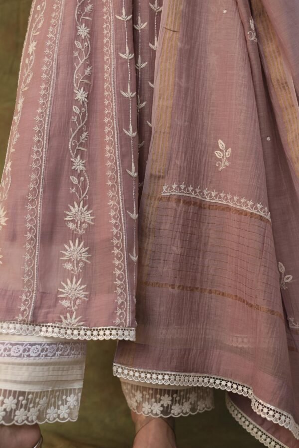 Light Mauve Mulmul Pearl White Chikankari Ready To Wear Kurta Dupatta Set - Image 5