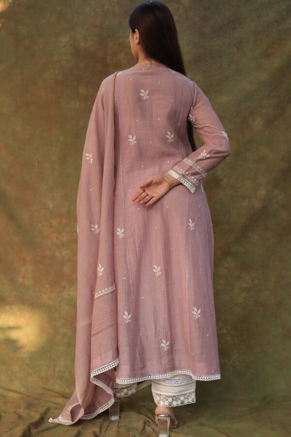 Light Mauve Mulmul Pearl White Chikankari Ready To Wear Kurta Dupatta Set - Image 6