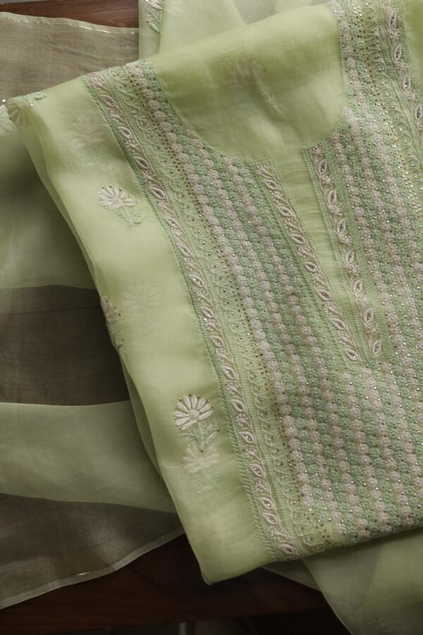 Noor Organza Silk Chikankari Mukaish Kamdani Unstitched Fabric - Image 2