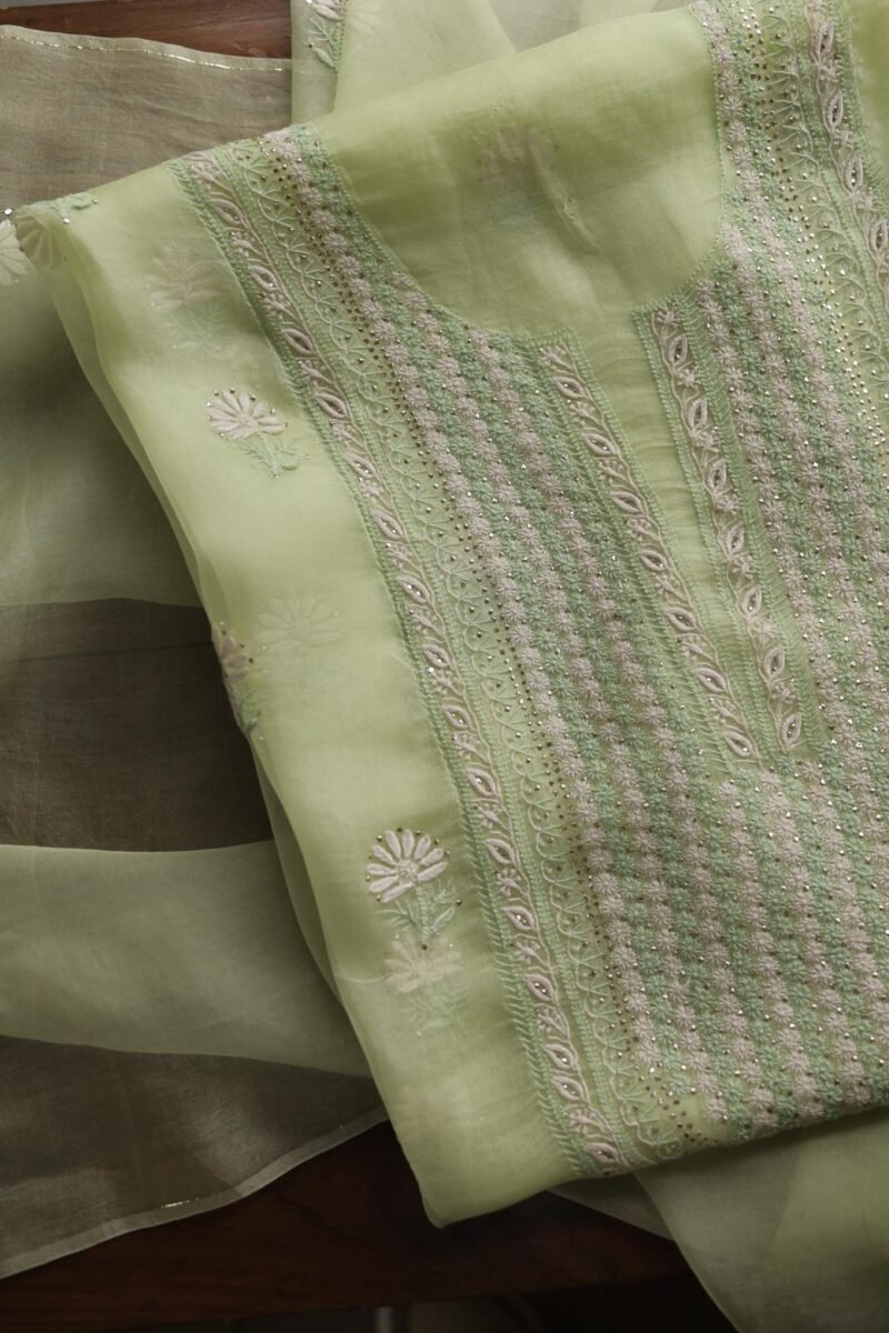 Noor Organza Silk Chikankari Mukaish Kamdani Unstitched Fabric