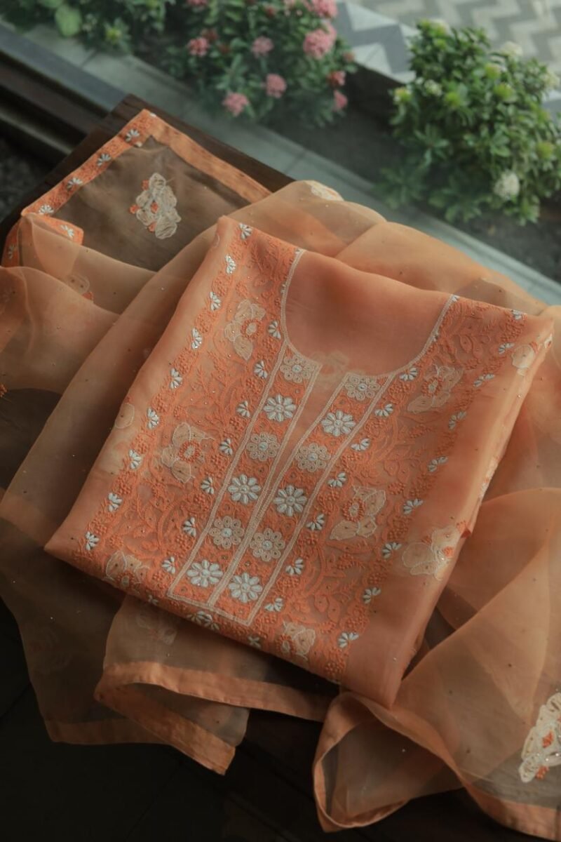 Noor Organza Silk Chikankari Mukaish Kamdani Unstitched Fabric