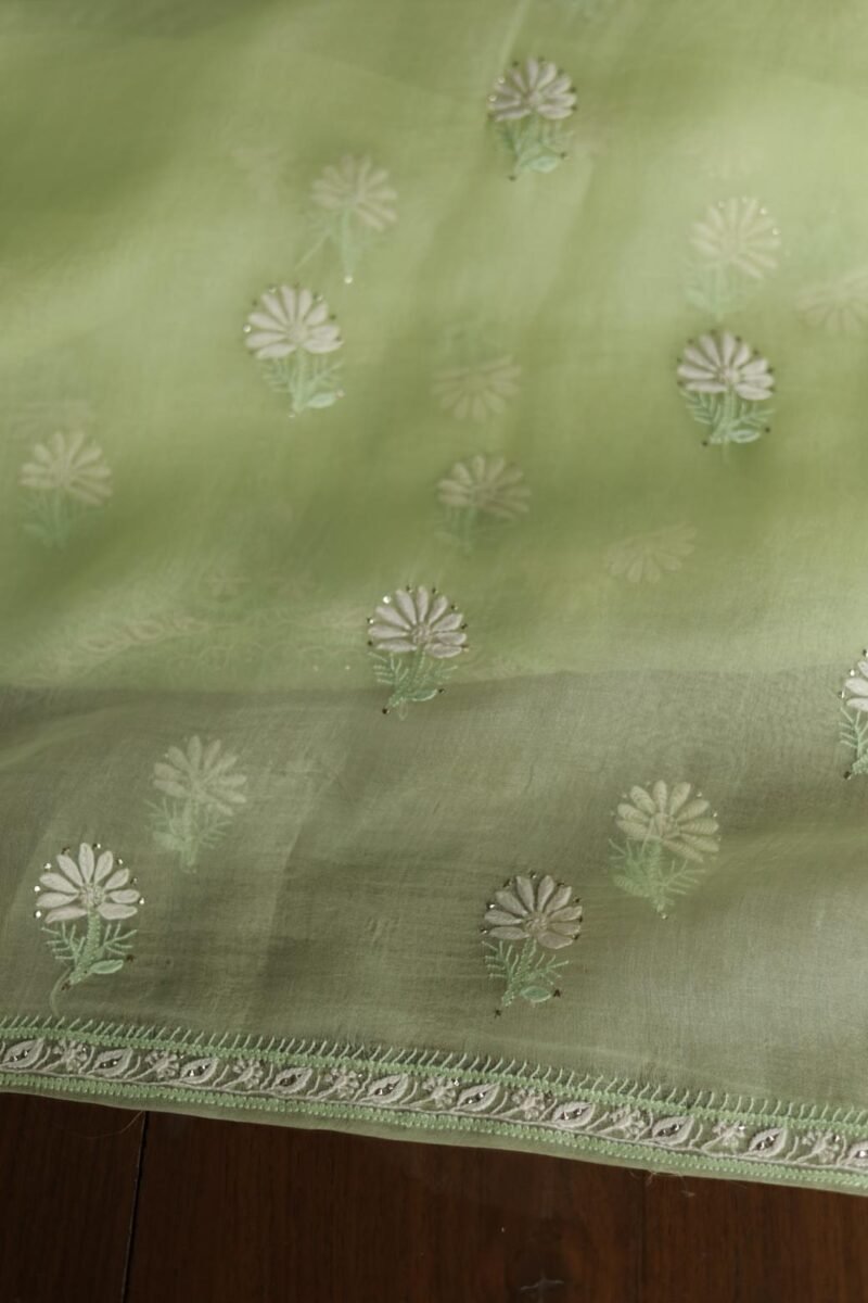 Noor Organza Silk Chikankari Mukaish Kamdani Unstitched Fabric