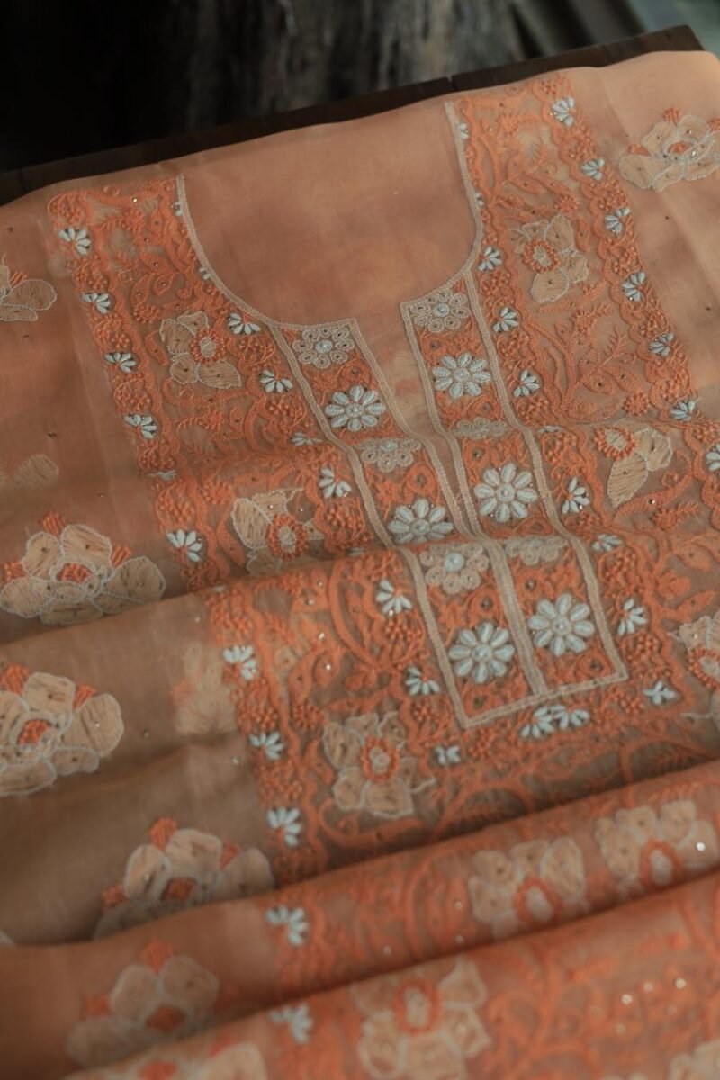 Noor Organza Silk Chikankari Mukaish Kamdani Unstitched Fabric