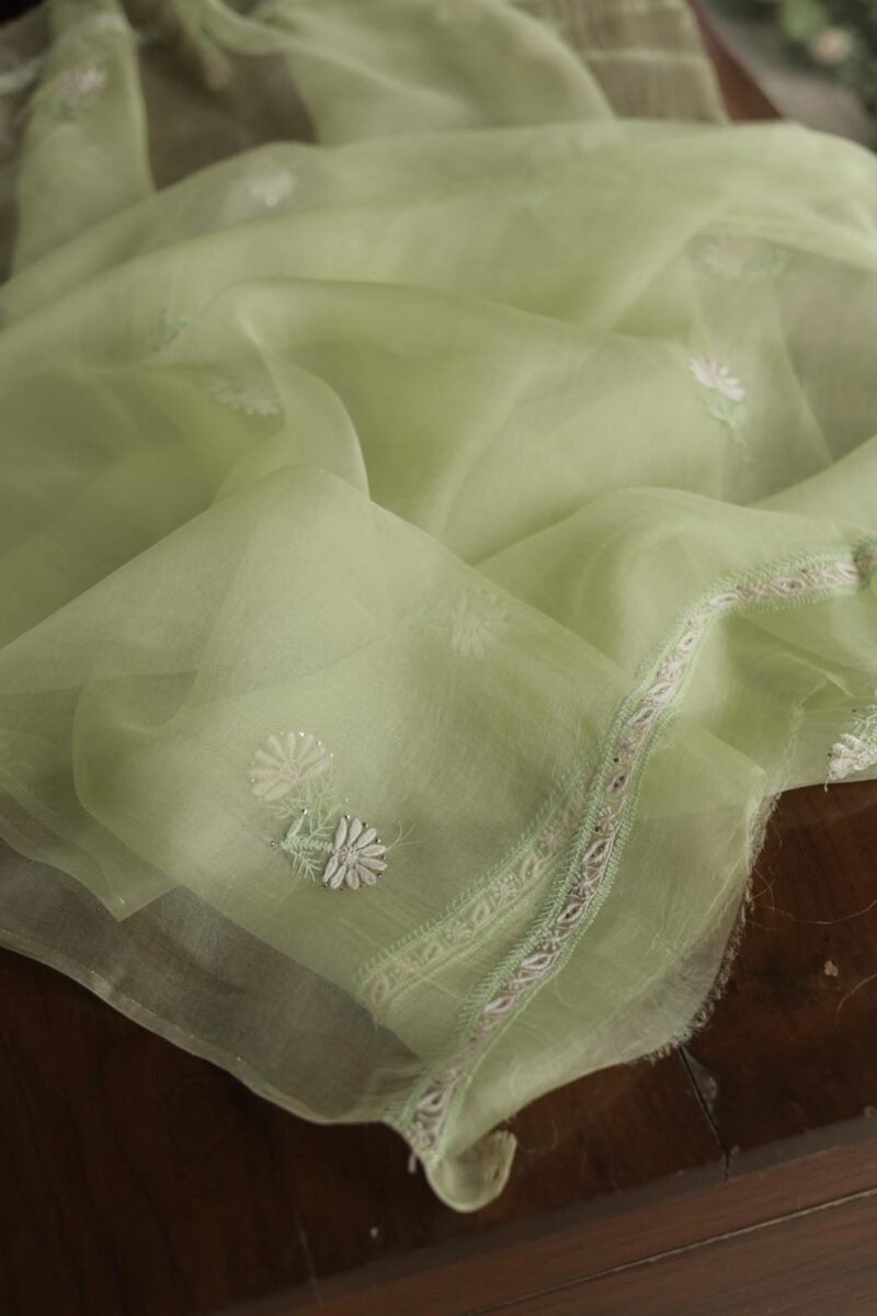 Noor Organza Silk Chikankari Mukaish Kamdani Unstitched Fabric