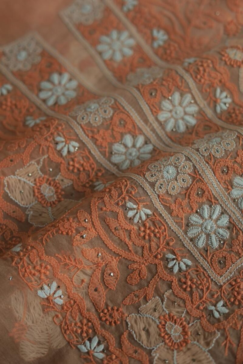 Noor Organza Silk Chikankari Mukaish Kamdani Unstitched Fabric