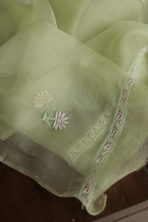 Noor Organza Silk Chikankari Mukaish Kamdani Unstitched Fabric - Image 13