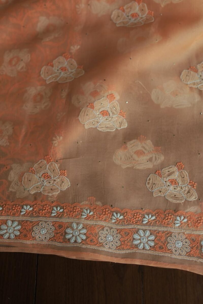 Noor Organza Silk Chikankari Mukaish Kamdani Unstitched Fabric