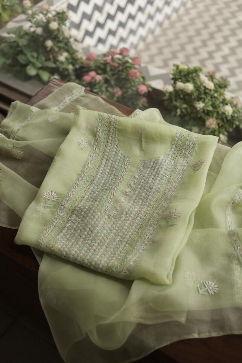 Noor Organza Silk Chikankari Mukaish Kamdani Unstitched Fabric