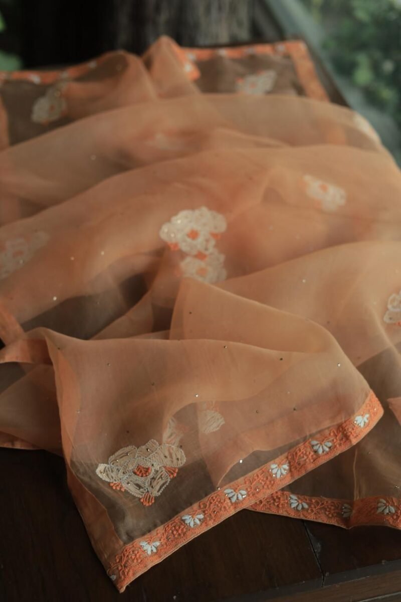 Noor Organza Silk Chikankari Mukaish Kamdani Unstitched Fabric