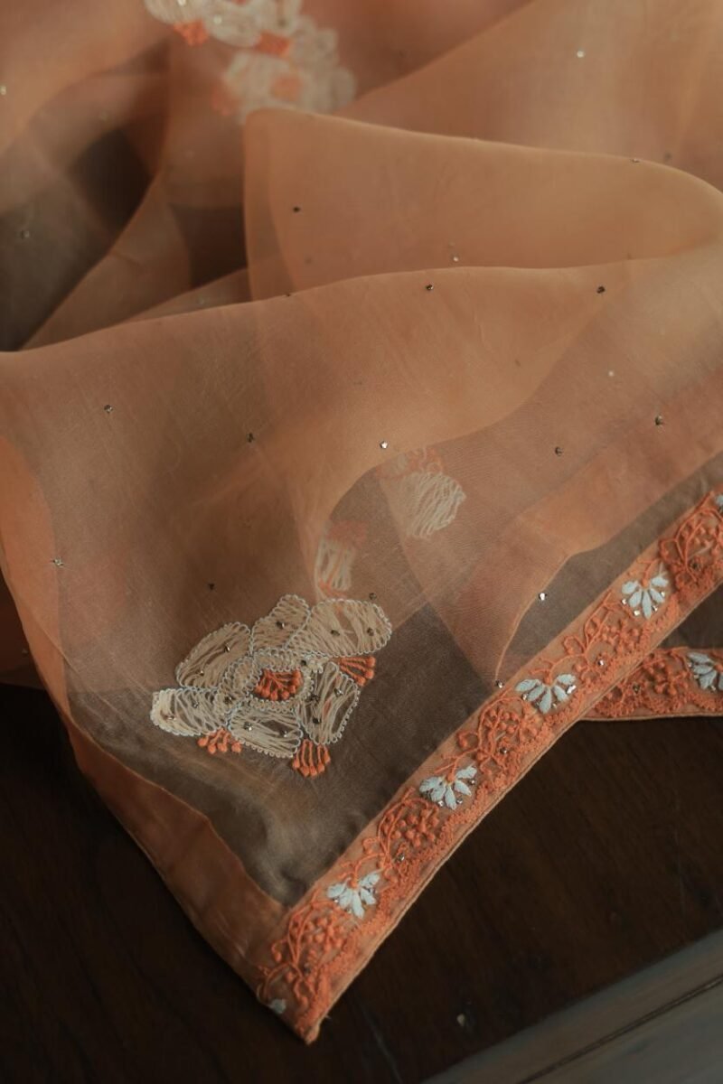 Noor Organza Silk Chikankari Mukaish Kamdani Unstitched Fabric