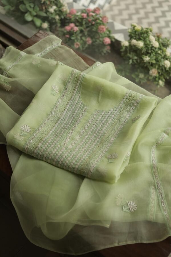 Noor Organza Silk Chikankari Mukaish Kamdani Unstitched Fabric - Image 3