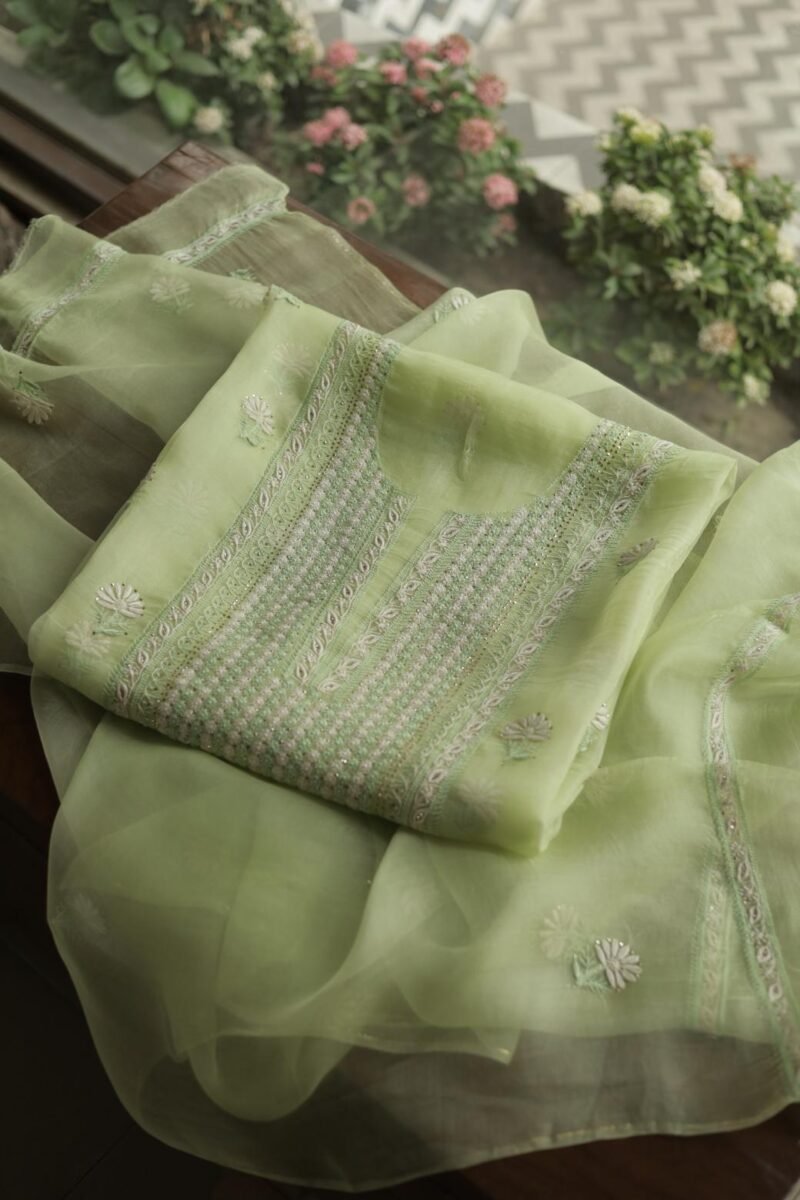 Noor Organza Silk Chikankari Mukaish Kamdani Unstitched Fabric