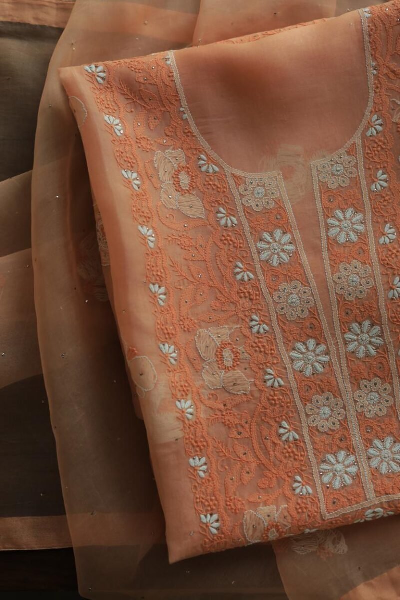 Noor Organza Silk Chikankari Mukaish Kamdani Unstitched Fabric