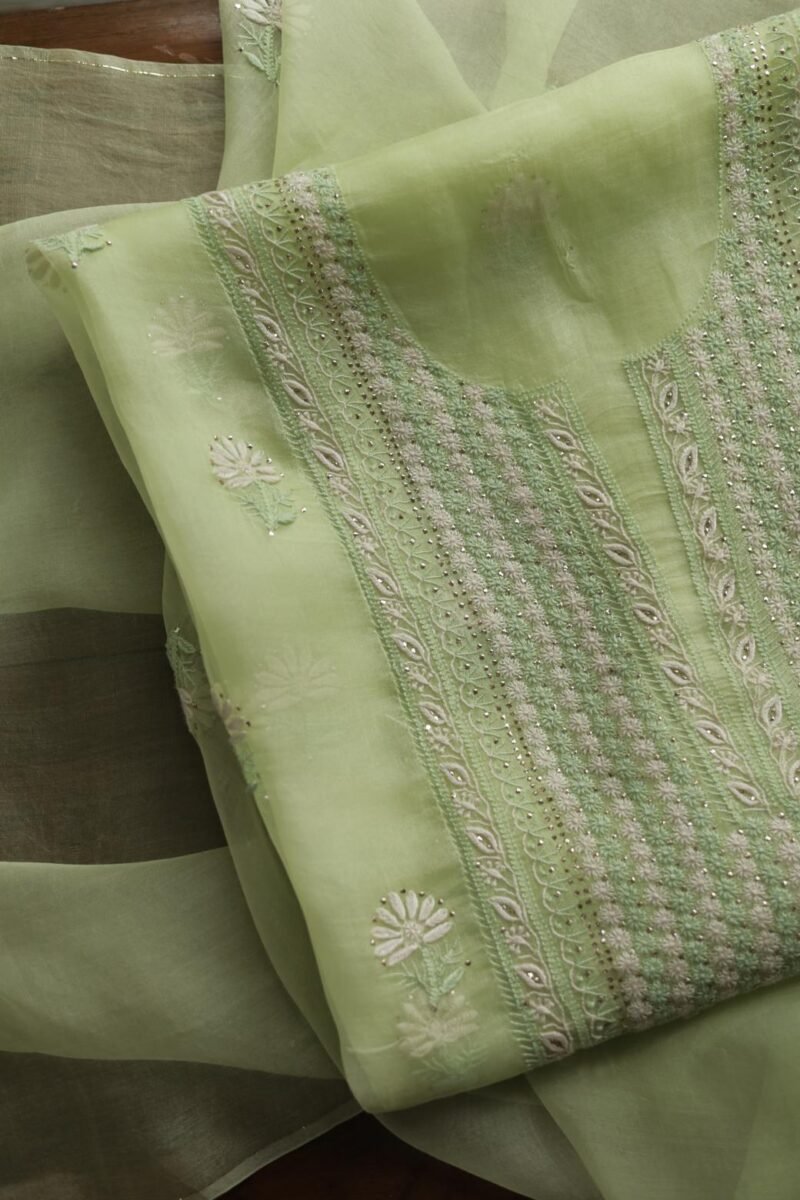 Noor Organza Silk Chikankari Mukaish Kamdani Unstitched Fabric
