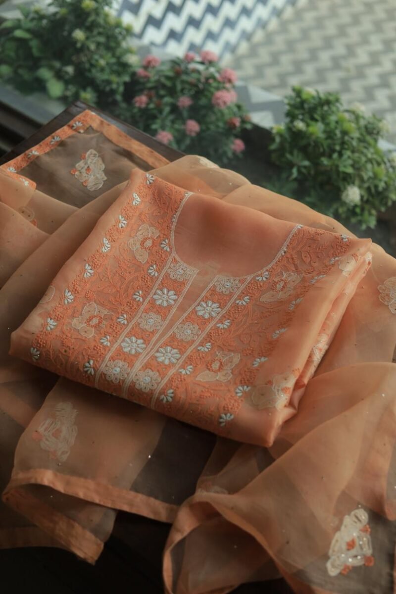 Noor Organza Silk Chikankari Mukaish Kamdani Unstitched Fabric