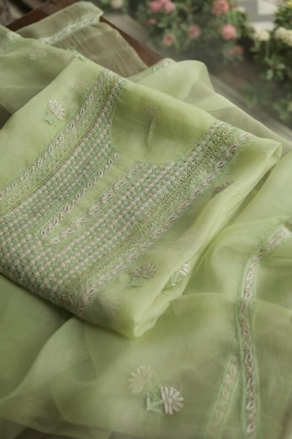 Noor Organza Silk Chikankari Mukaish Kamdani Unstitched Fabric - Image 5