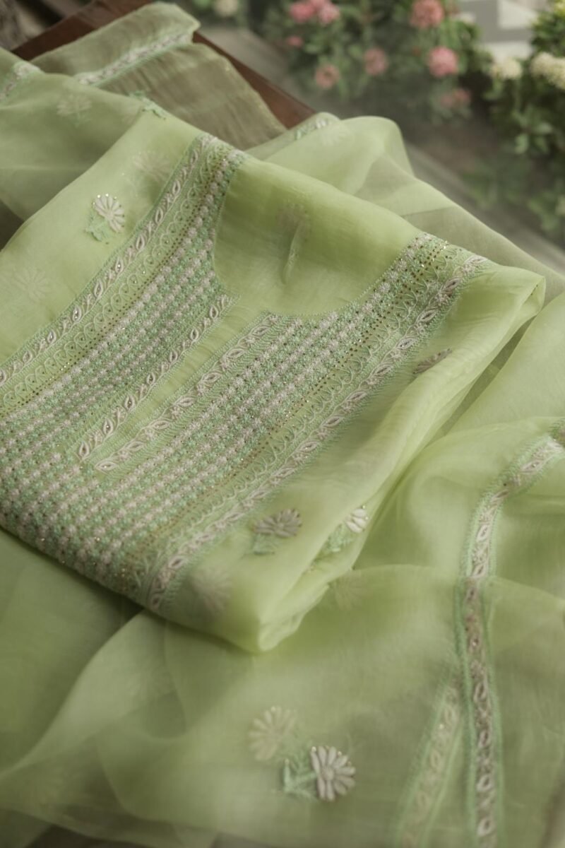 Noor Organza Silk Chikankari Mukaish Kamdani Unstitched Fabric