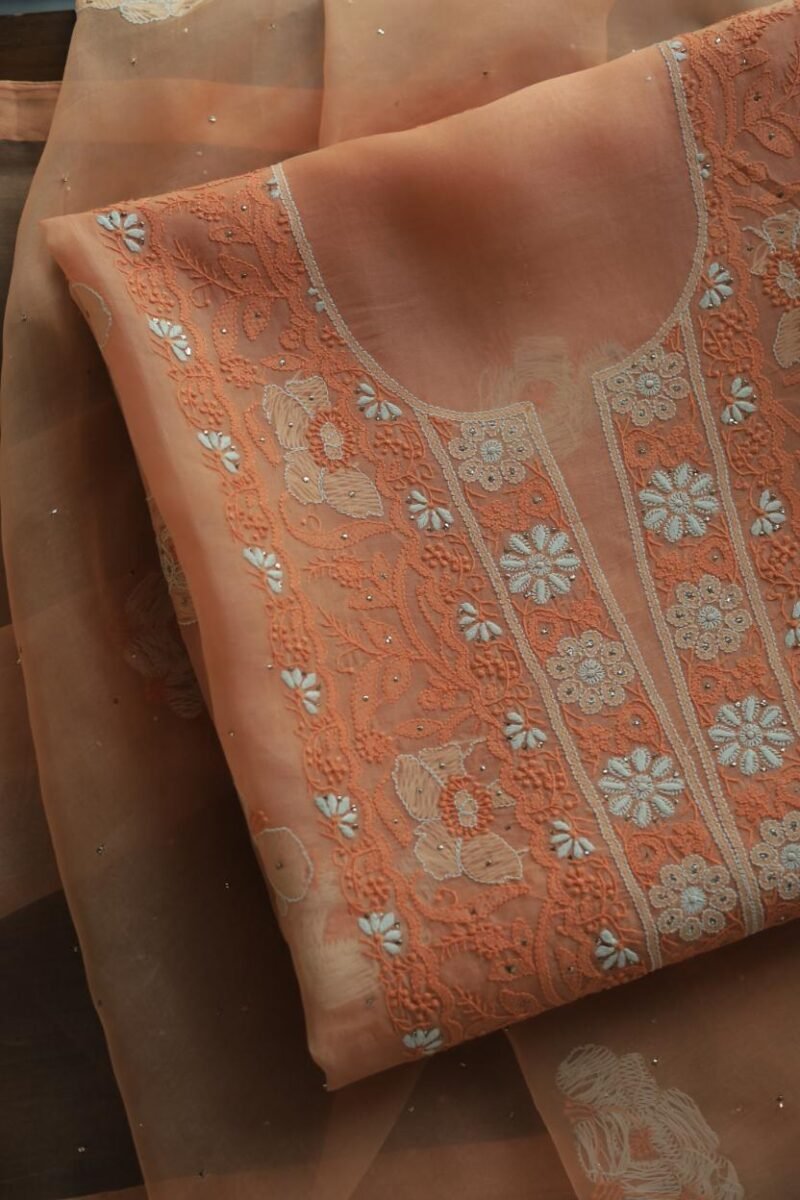 Noor Organza Silk Chikankari Mukaish Kamdani Unstitched Fabric