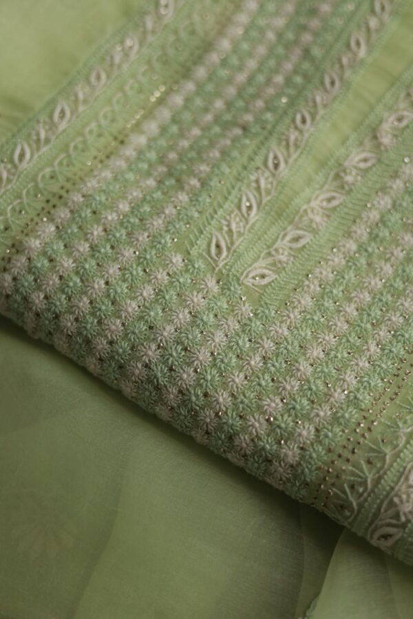 Noor Organza Silk Chikankari Mukaish Kamdani Unstitched Fabric - Image 6