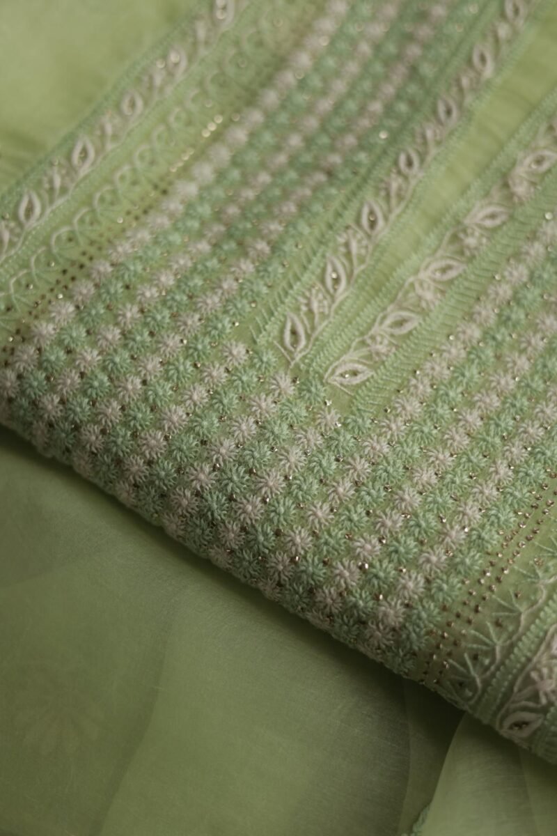 Noor Organza Silk Chikankari Mukaish Kamdani Unstitched Fabric