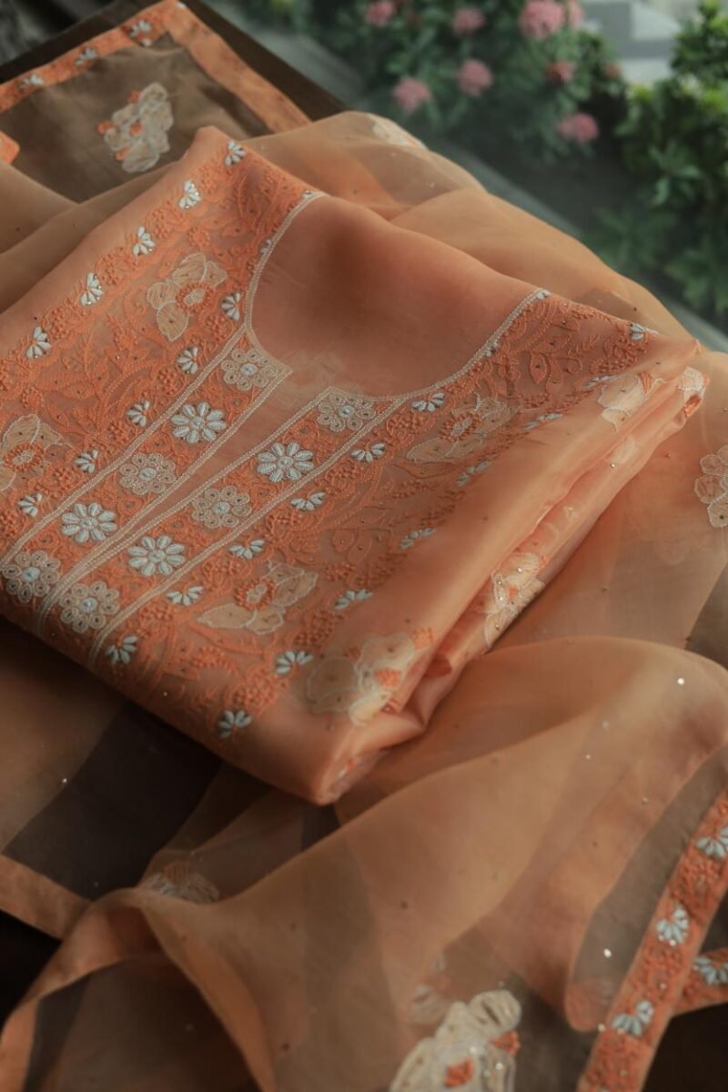 Noor Organza Silk Chikankari Mukaish Kamdani Unstitched Fabric