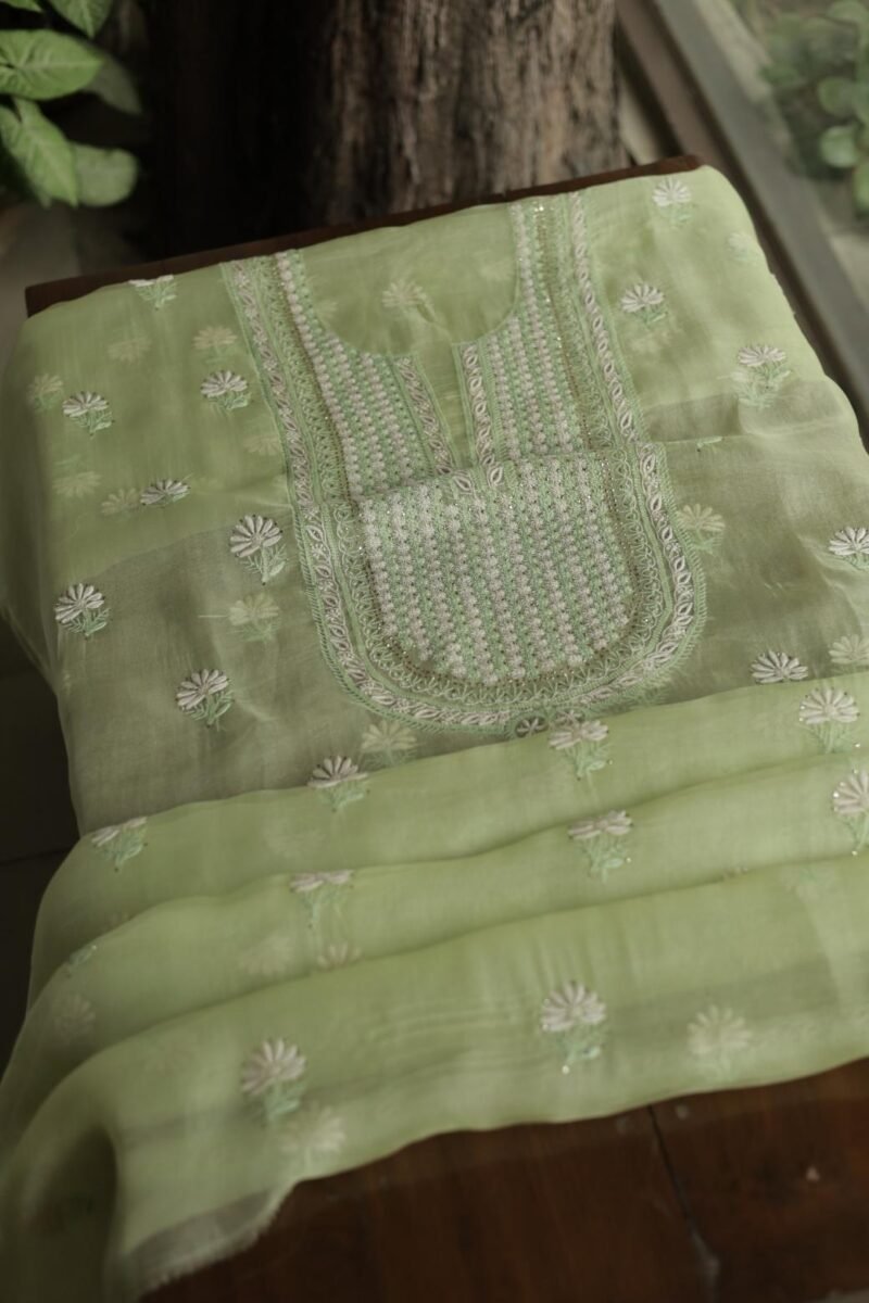 Noor Organza Silk Chikankari Mukaish Kamdani Unstitched Fabric