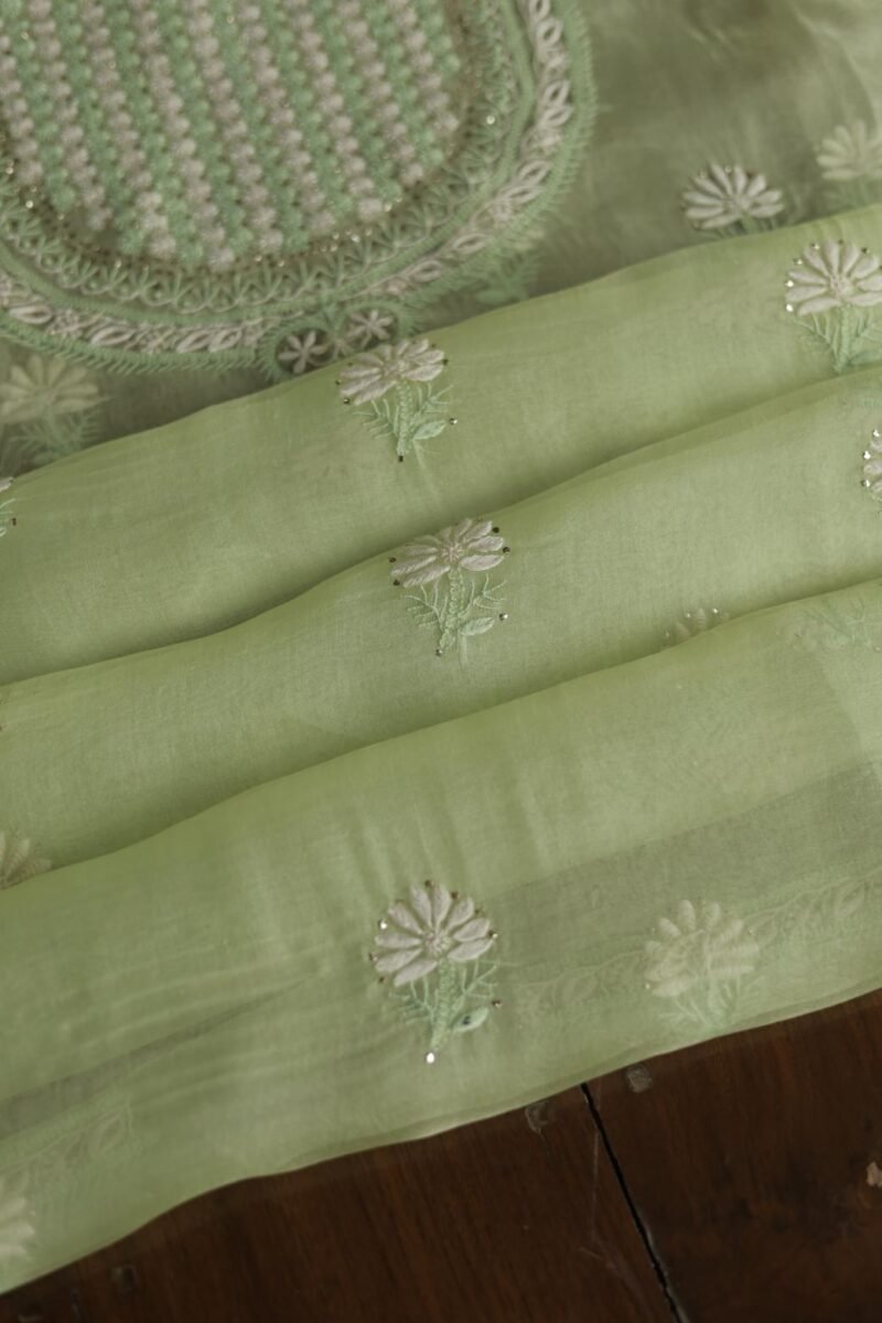 Noor Organza Silk Chikankari Mukaish Kamdani Unstitched Fabric