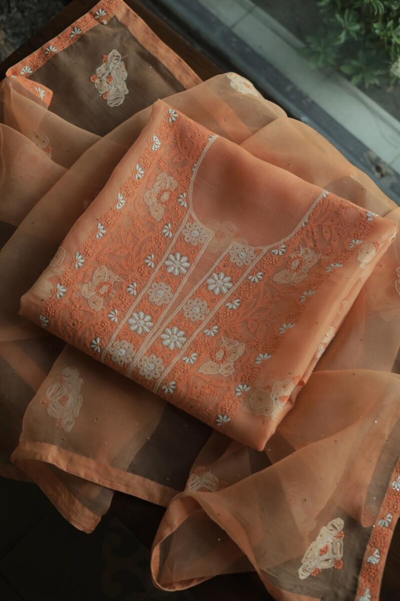 Noor Organza Silk Chikankari Mukaish Kamdani Unstitched Fabric