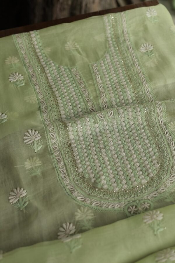 Noor Organza Silk Chikankari Mukaish Kamdani Unstitched Fabric - Image 9