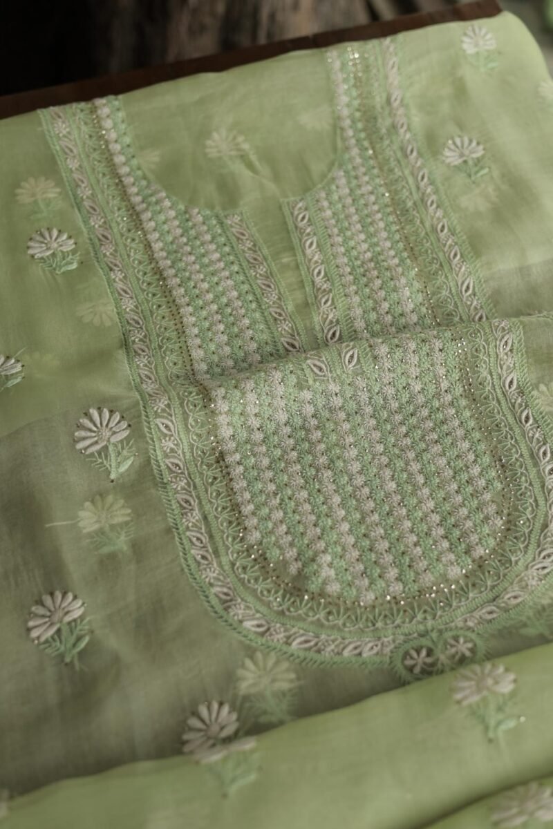 Noor Organza Silk Chikankari Mukaish Kamdani Unstitched Fabric