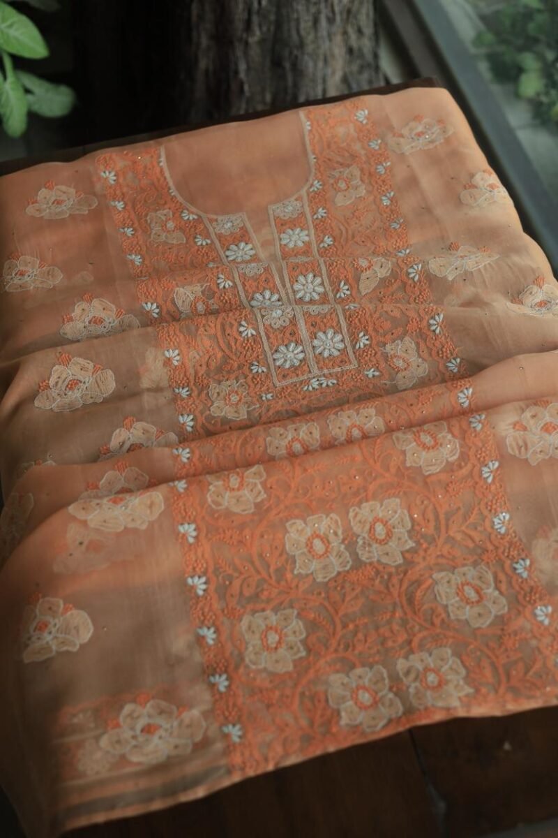 Noor Organza Silk Chikankari Mukaish Kamdani Unstitched Fabric