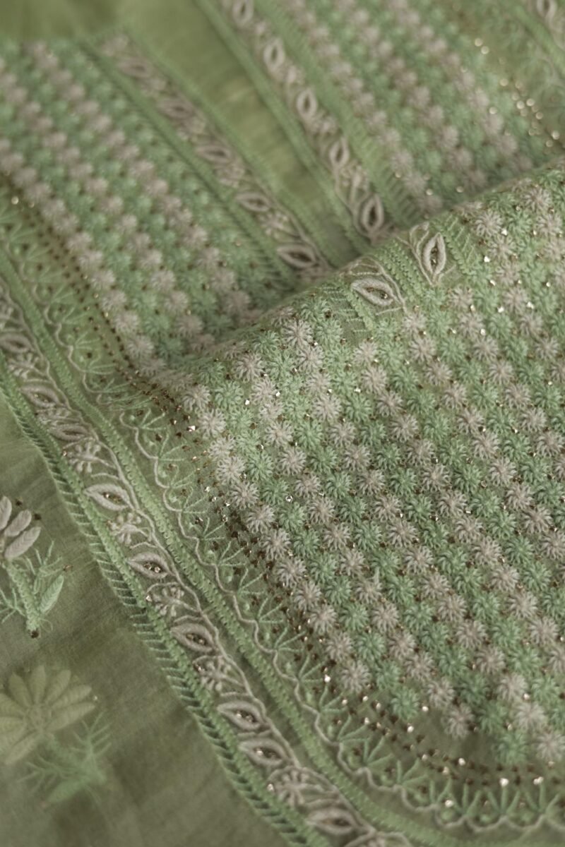Noor Organza Silk Chikankari Mukaish Kamdani Unstitched Fabric