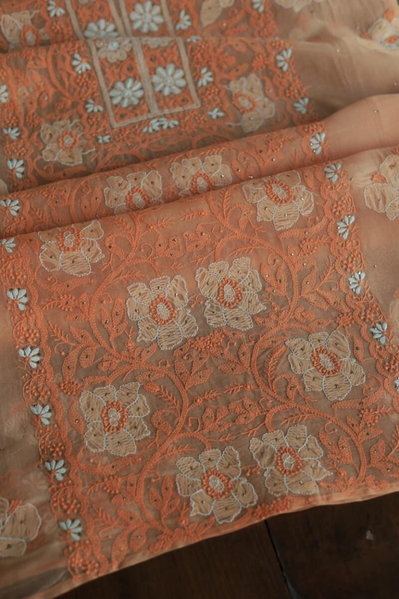 Noor Organza Silk Chikankari Mukaish Kamdani Unstitched Fabric