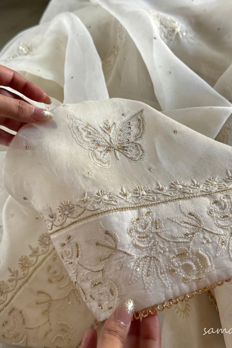 Noor Organza White Butterfly Chikankari Saree