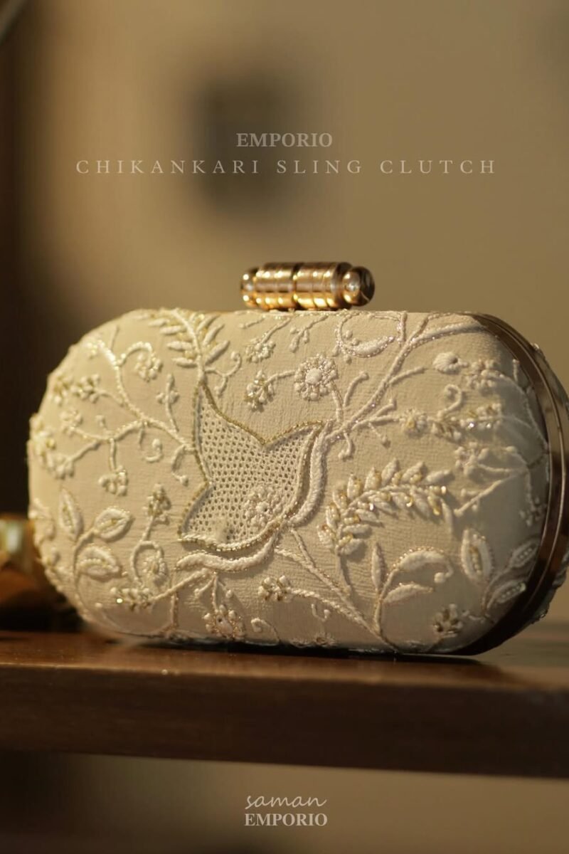 Off White Shade Chikankari With Ari Work Sling Clutch