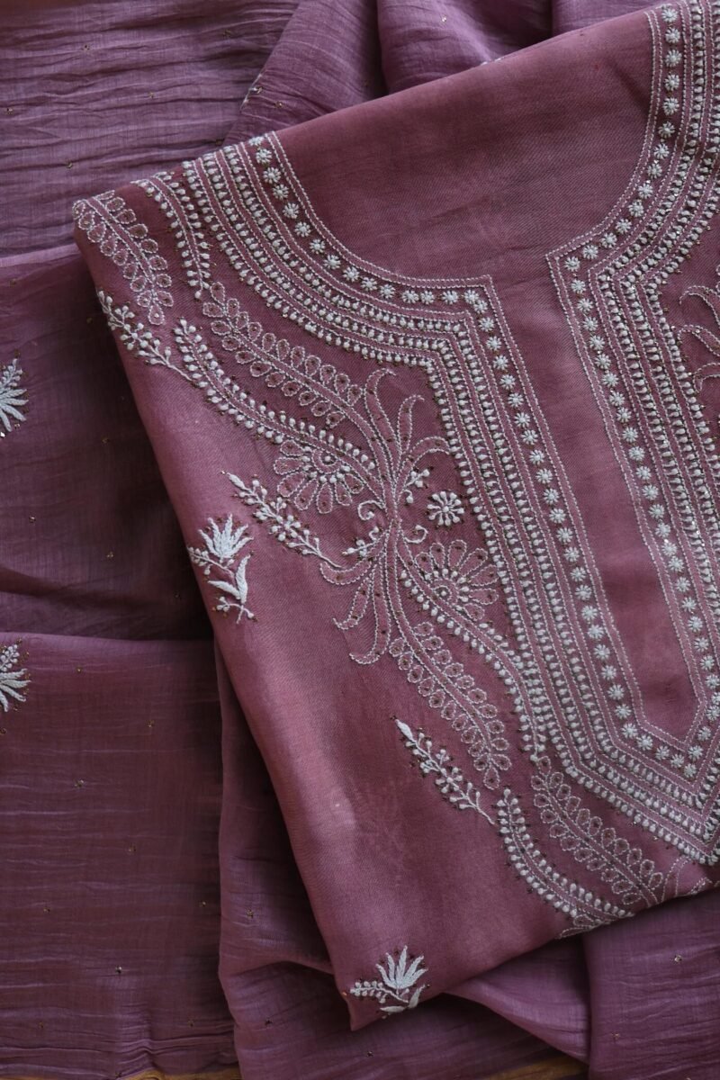 Old Mauve Mal Cotton Chikankari Unstitched Kurta Dupatta Fabrics With Kamdani