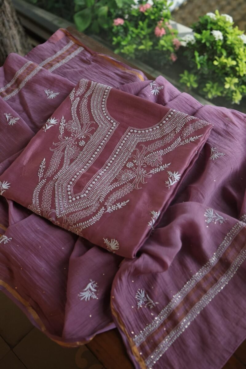 Old Mauve Mal Cotton Chikankari Unstitched Kurta Dupatta Fabrics With Kamdani
