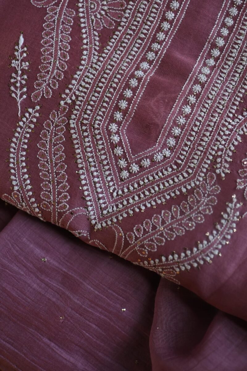 Old Mauve Mal Cotton Chikankari Unstitched Kurta Dupatta Fabrics With Kamdani