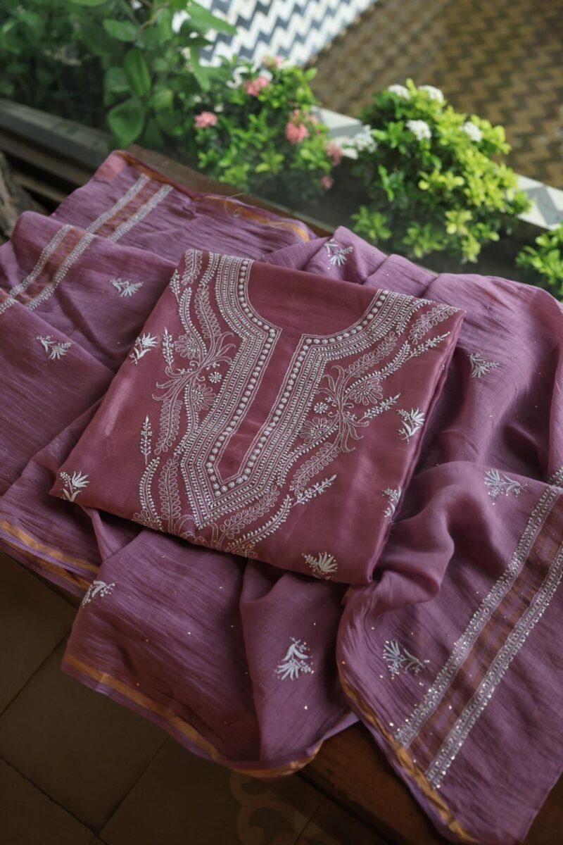 Old Mauve Mal Cotton Chikankari Unstitched Kurta Dupatta Fabrics With Kamdani