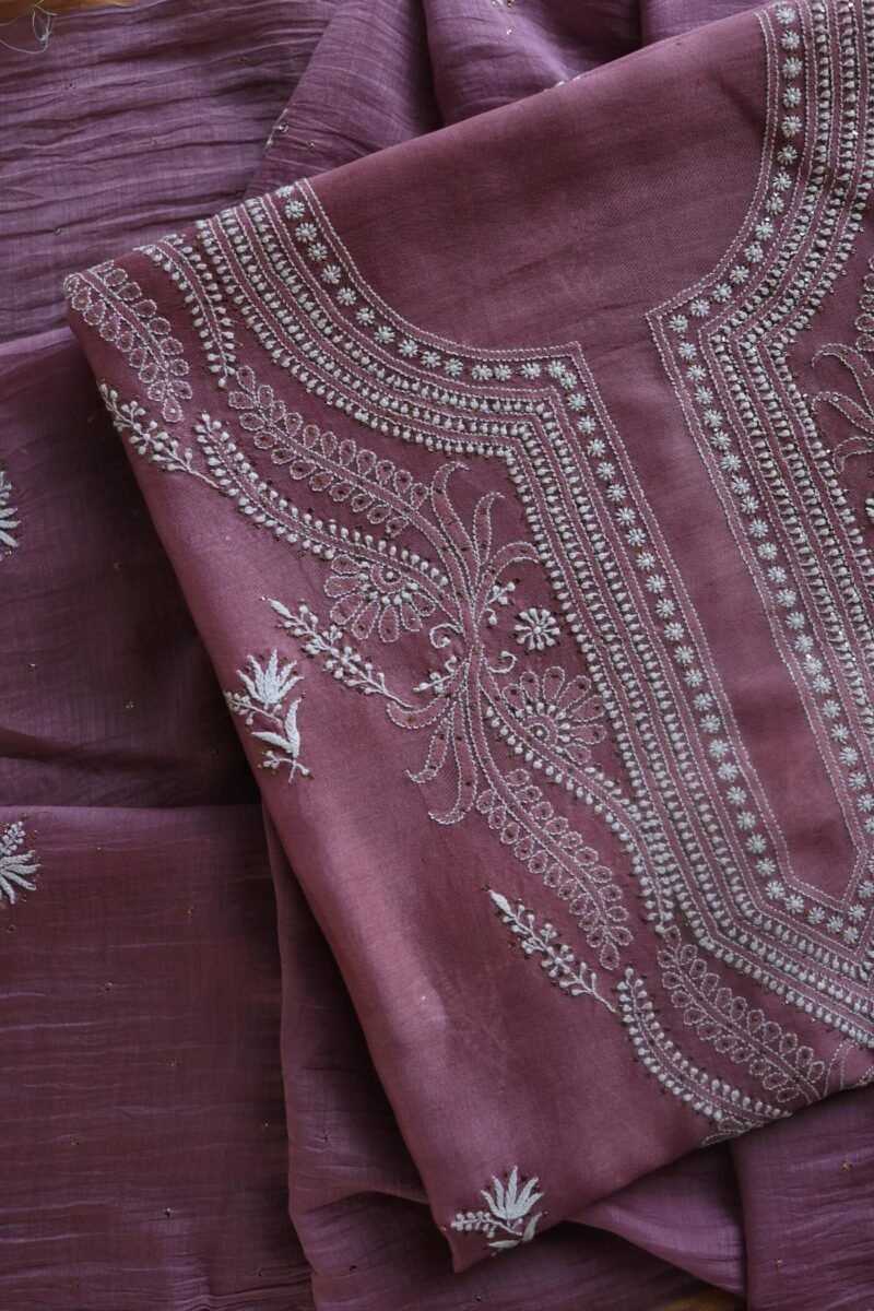 Old Mauve Mal Cotton Chikankari Unstitched Kurta Dupatta Fabrics With Kamdani