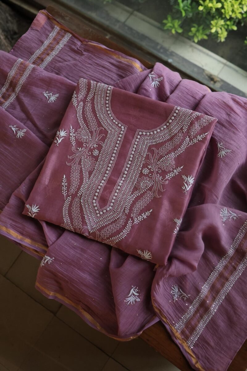 Old Mauve Mal Cotton Chikankari Unstitched Kurta Dupatta Fabrics With Kamdani