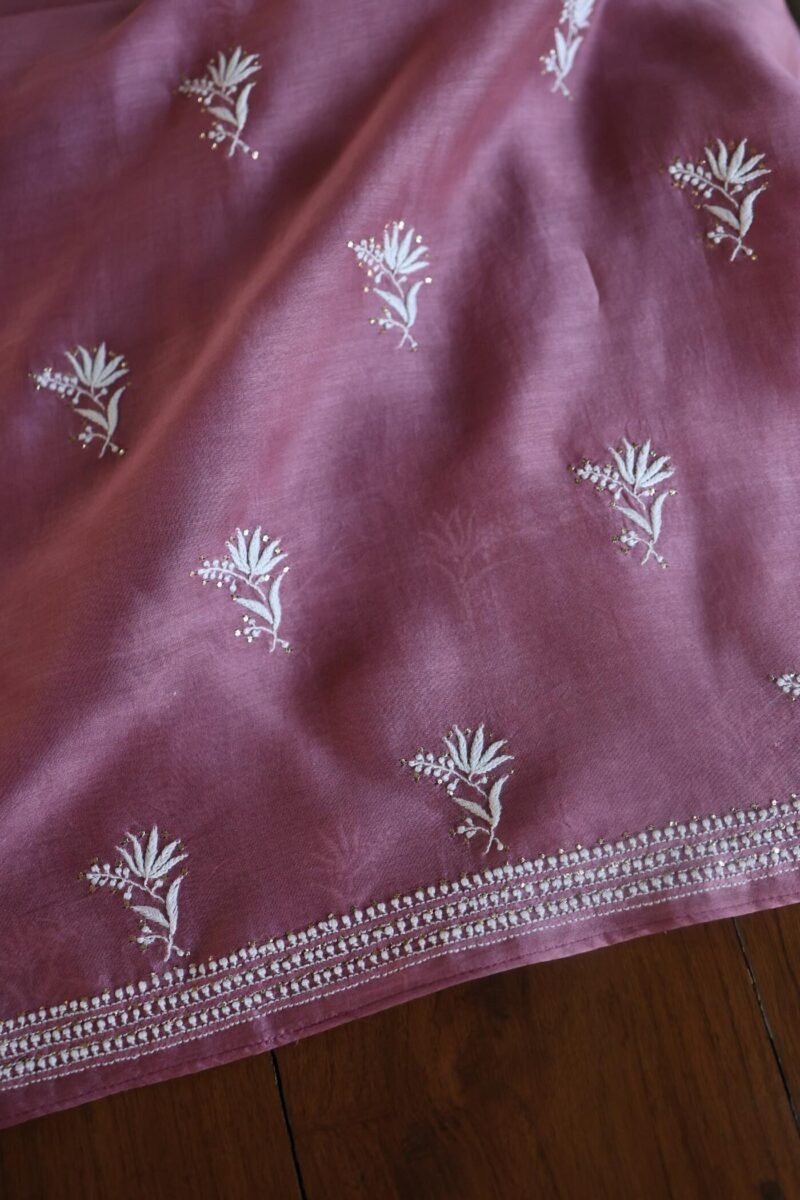 Old Mauve Mal Cotton Chikankari Unstitched Kurta Dupatta Fabrics With Kamdani