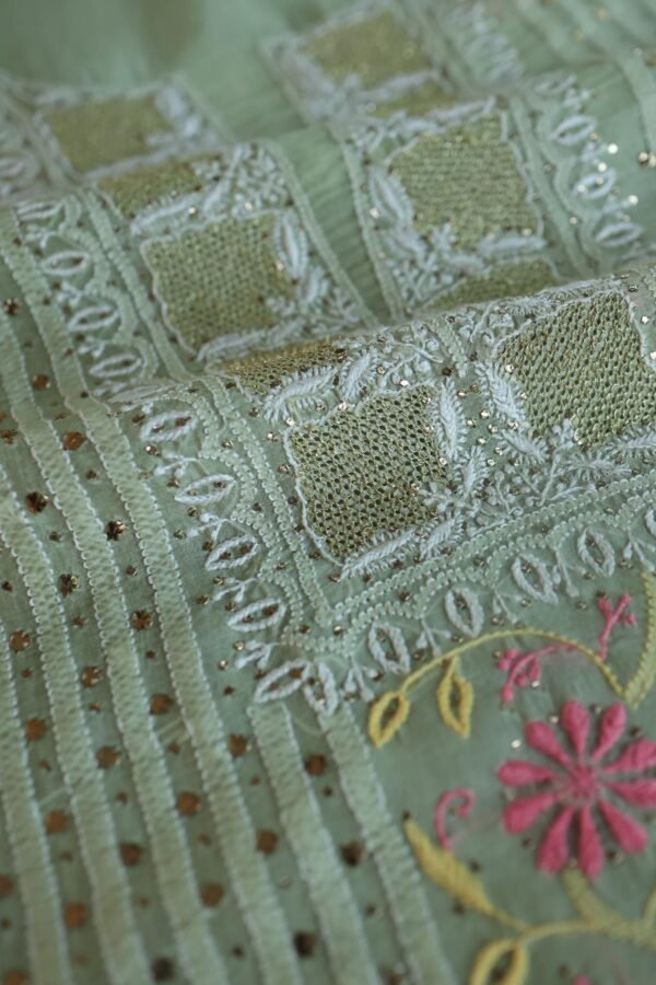 Olive Green Noor Organza Silk Chikankari With Mukaish Kamdani Fabric - Image 14