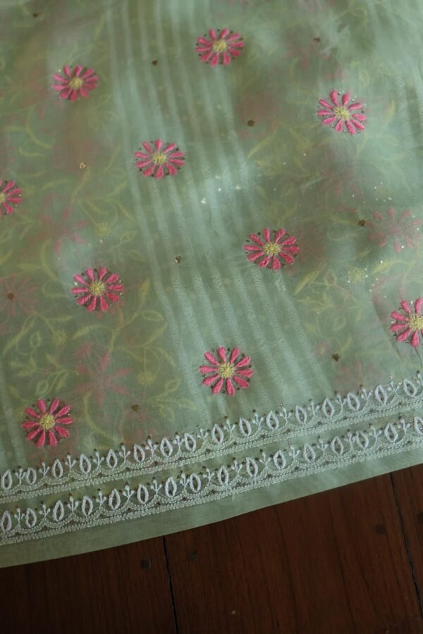 Olive Green Noor Organza Silk Chikankari With Mukaish Kamdani Fabric - Image 13
