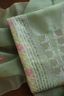 Olive Green Noor Organza Silk Chikankari With Mukaish Kamdani Fabric