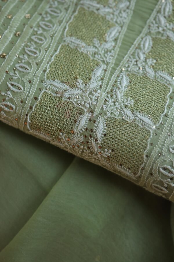 Olive Green Noor Organza Silk Chikankari With Mukaish Kamdani Fabric - Image 2
