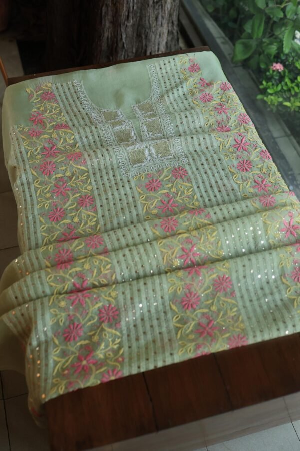 Olive Green Noor Organza Silk Chikankari With Mukaish Kamdani Fabric - Image 10
