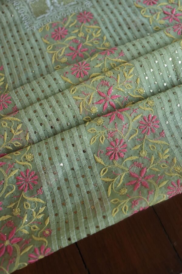 Olive Green Noor Organza Silk Chikankari With Mukaish Kamdani Fabric - Image 11