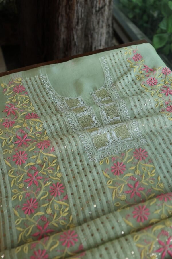 Olive Green Noor Organza Silk Chikankari With Mukaish Kamdani Fabric - Image 12