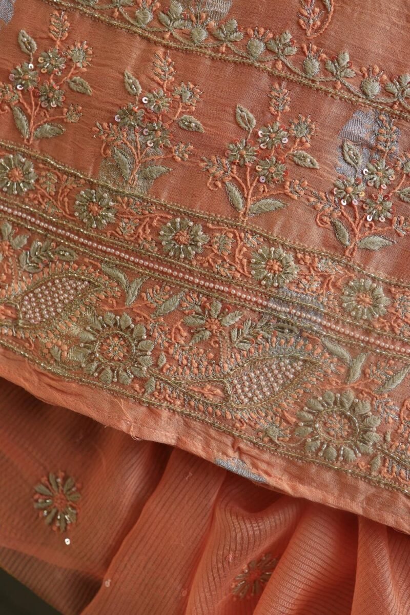 Orange Salmon Banarasi Zari Chanderi Unstitched Chikankari Fabrics